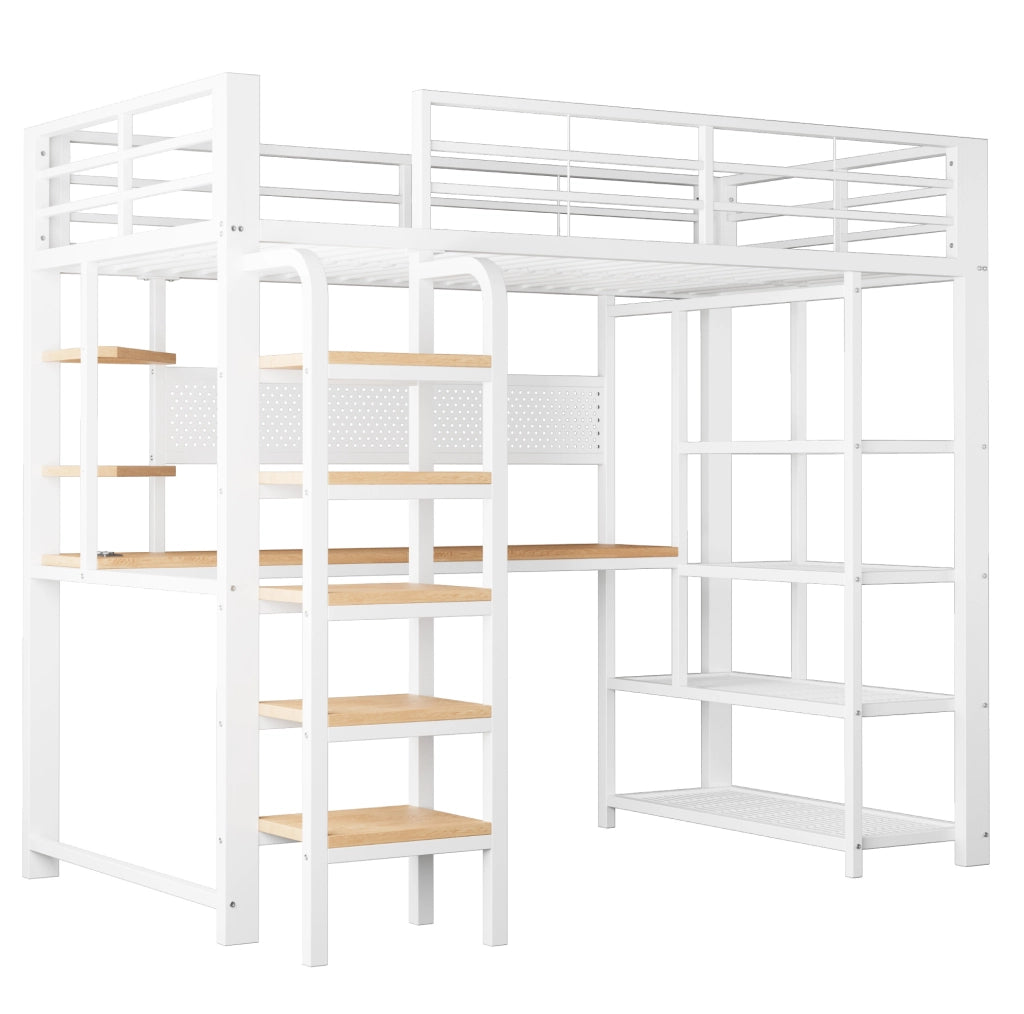 Letto a soppalco 90x200 cm con scrivania, LED e prese in ferro bianco