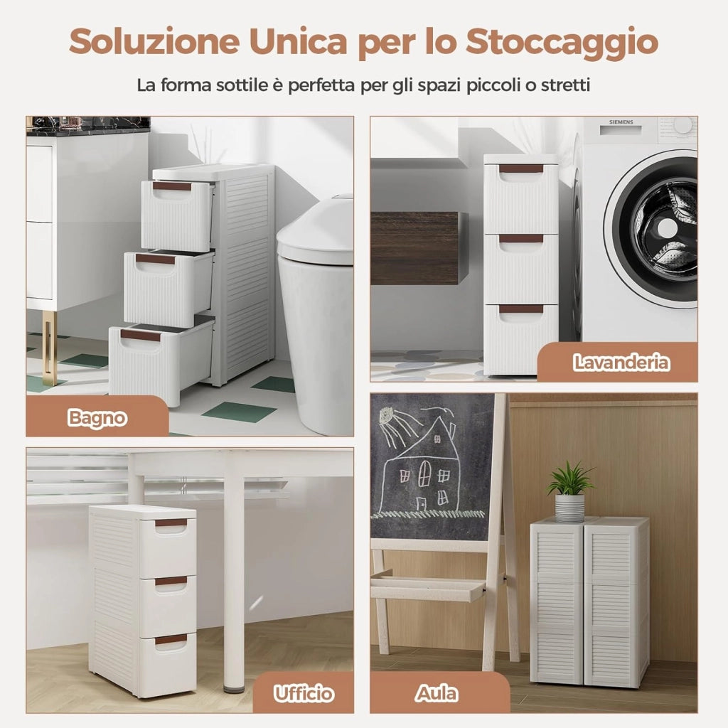 Mobile Bagno con 4 Cassetti, Mobiletto Bagno Salvaspazio con Ruote, Cassettiera in PP per Soggiorno, Bagno e Cucina, 42 x 19 x 74 cm
