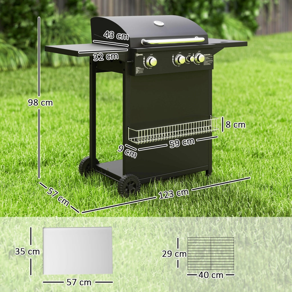 Barbecue a Gas con Bruciatori Indipendenti, Coperchio con Termometro e Tavolino Laterale, Nero