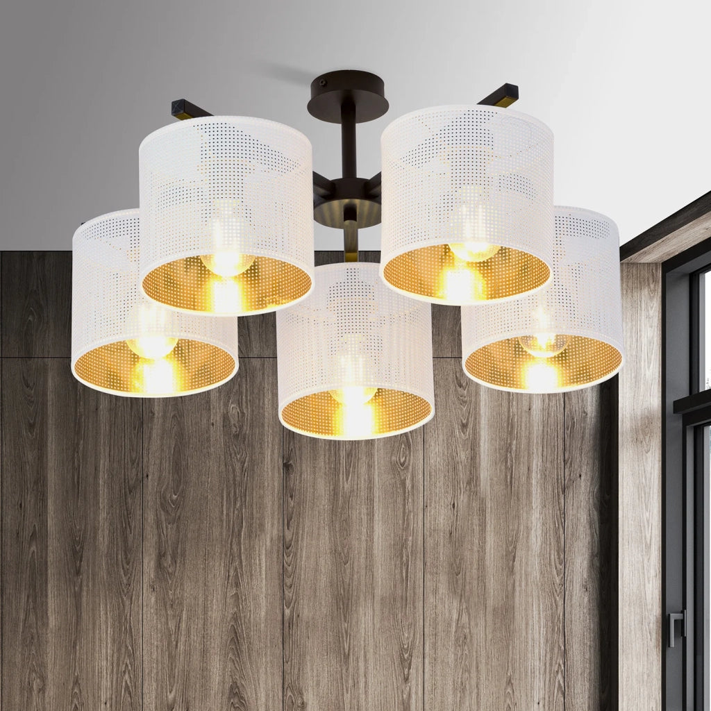 Plafoniera Industrial 5 Luci Cigno In Acciaio Bianco E Paralumi A Cilindro Oro