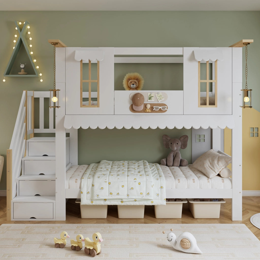 Letto a Castello 90x200 cm; con Scala Contenitore; Finestre e Tetto - Bianco Naturale