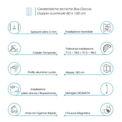 Box doccia 80x100 angolare doppio scorrevole con vetro temperato trasparente e profili cromo Geo