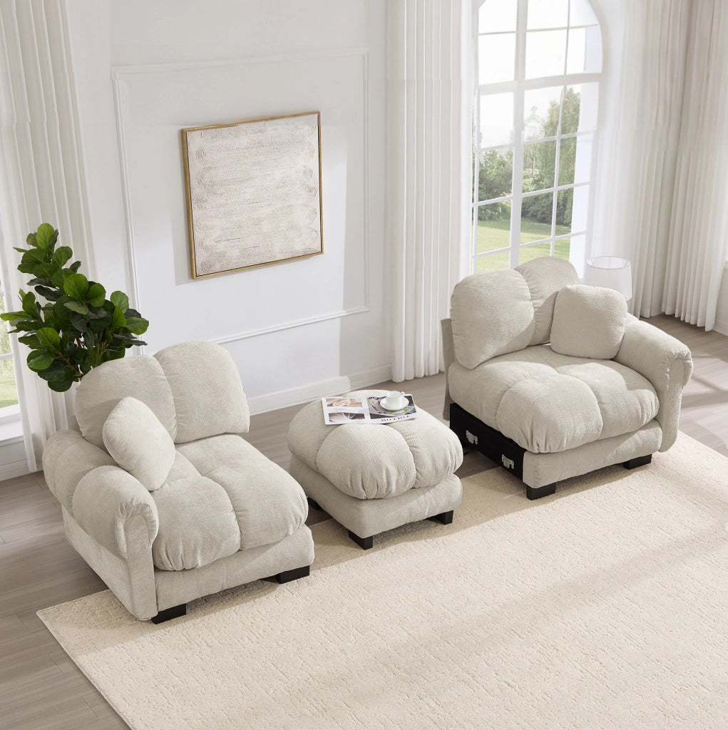 Divano modulare in ciniglia con ottomana mobile; 190 x 149 x 90 cm; kaki chiaro