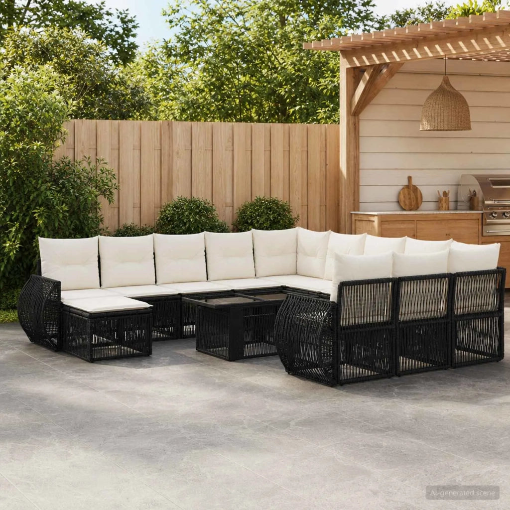 Set Divano da Giardino 13 pz Nero e Bianco Crema polyrattan 3437041