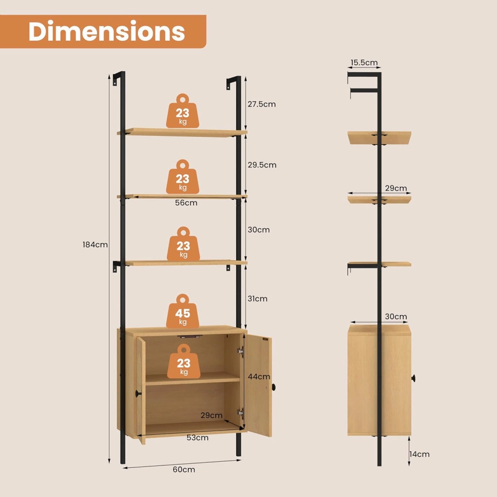 Libreria contro parete, scala con 4 ripiani e armadio con ante in rattan, mensola da parete in metallo e legno, scaffale da parete per scale (60 x 30 x 184 cm)