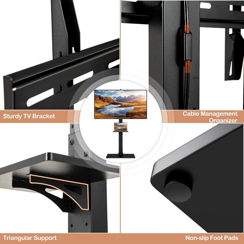 Supporto TV da Pavimento per LCD LED da 32-70 Pollici, Porta TV Regolabile in Altezza a 7 Livelli, Carico 50 KG, VESA Max 600 X 400 MM, con Presa Integrata, Ripiano per TV Piatto/Curvato