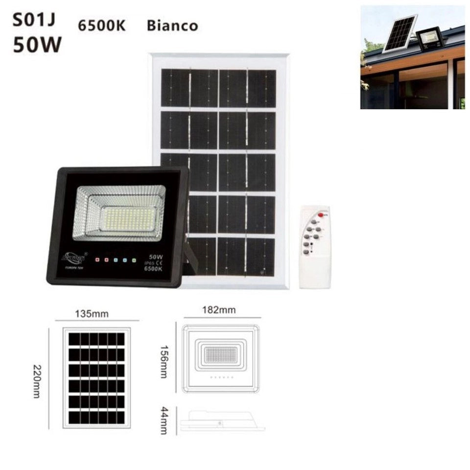 FARO LED FARETTO ALTA LUMINOSITA' PANNELLO SOLARE CREPUSCOLARE TELECOMANDO 50W