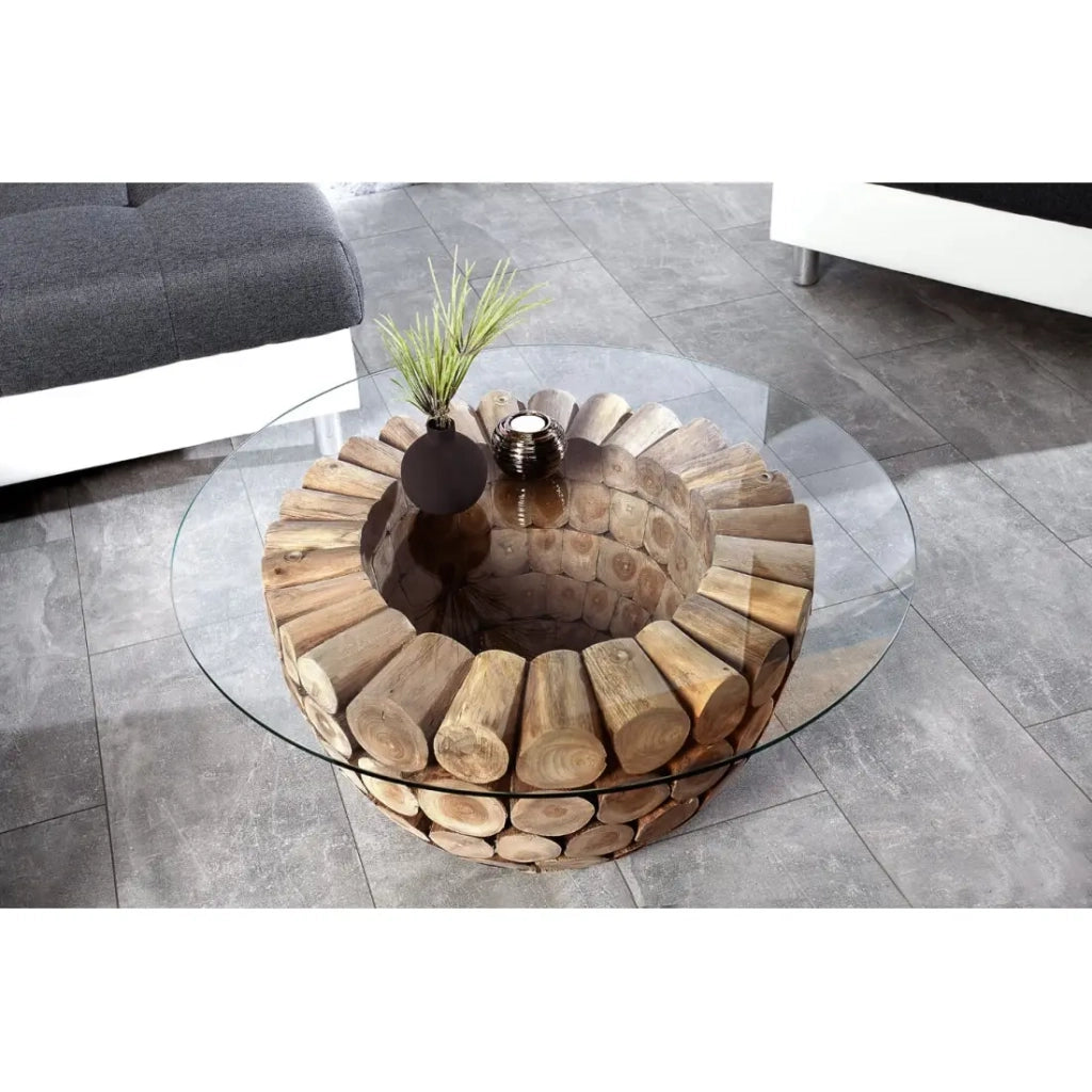 Tavolino basso ARBOREA rotondo 70 cm in legno massiccio e vetro temperato - piede centrale design in tronchetti