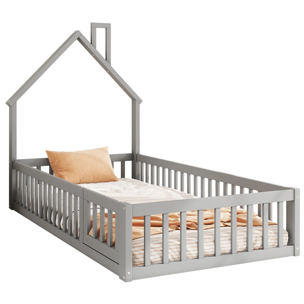 Letto a casetta per bambini 90x200 cm con rete a doghe grigio