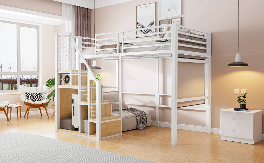Letto a castello bianco con scala di sicurezza 90x200 cm in metallo