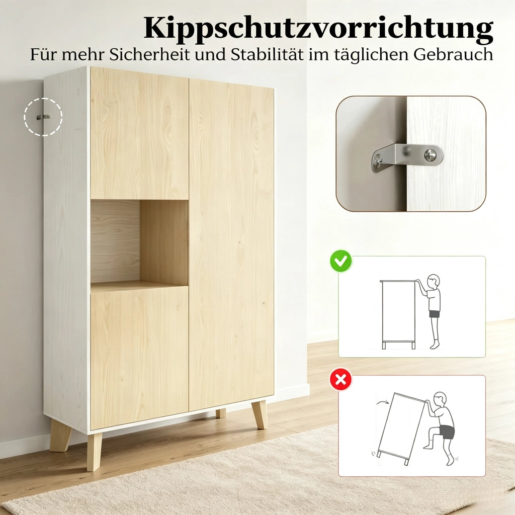 Credenza e madia con 5 vani e chiusura ammortizzata, per soggiorno, bianco e rovere chiaro, 80 × 40 × 135 cm
