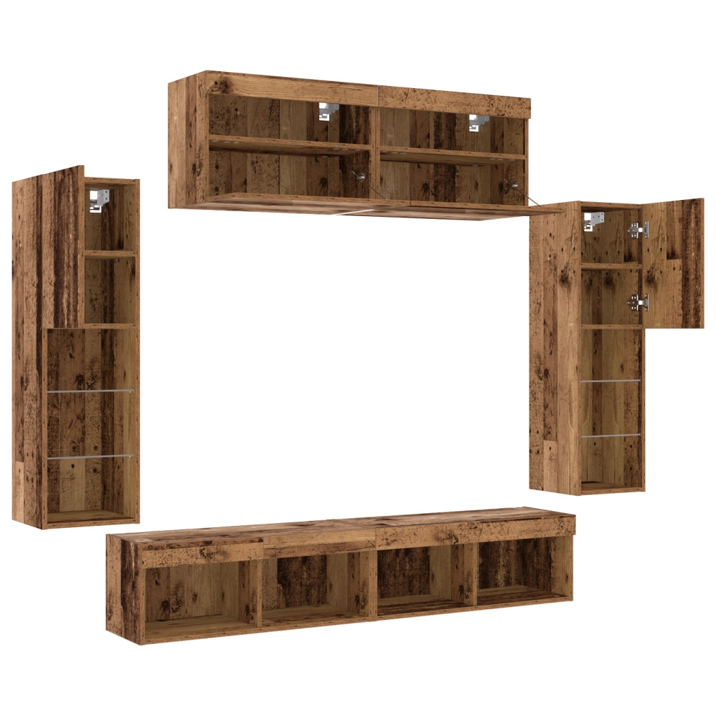 Set di 8 UnitÃ  Muro TV con LED Legno Antico Legno Ingegnerizzato