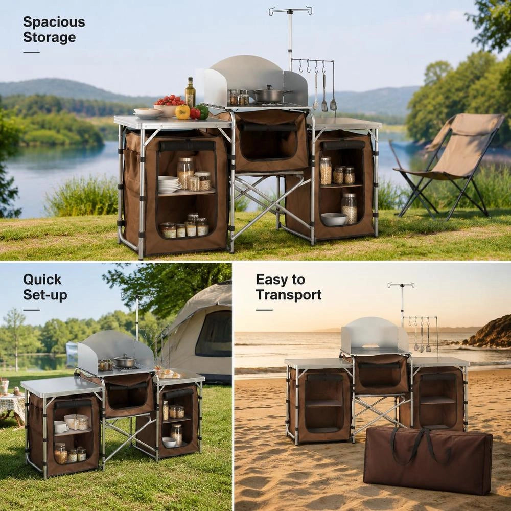 Camping Kitchen, Camping Cabinet 174 X 176 X 46 Cm, Table Kitchen With Lamp Pole & Hooks, Travel Kitchen, Foldable Outdoor Kitchen Box, Aluminum Frame, Kitchen Cabinet, Camping Stove For Camping, Picnics, Etc.