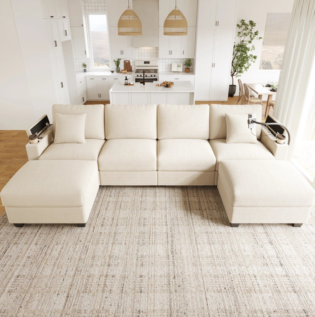 Divano modulare trasformabile a U con USB e USB-C in velluto a coste beige; 275;5×139×87 cm