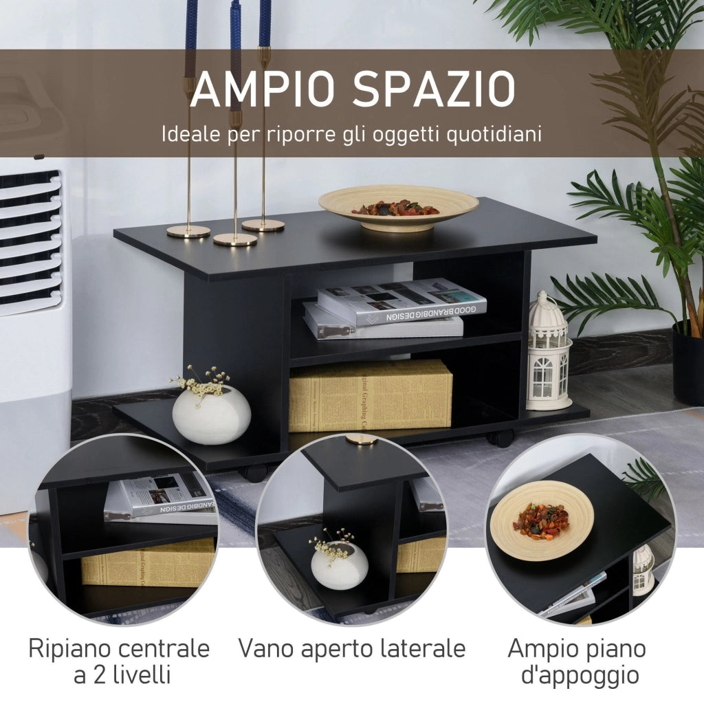 EasyComfort Mobile TV Moderno con Ripiani, Mobiletto Porta TV da 42" con Ruote Girevoli a Freni, 2 Piccolo Ripiani Laterali per Soggiorno e Camera da Letto, 80x40x40 cm, Nero
