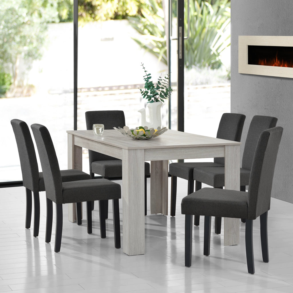 Set da Pranzo Tavolo Rettangolare con 6 Sedie Imbottite - Effetto Rovere/Grigio [en.casa]