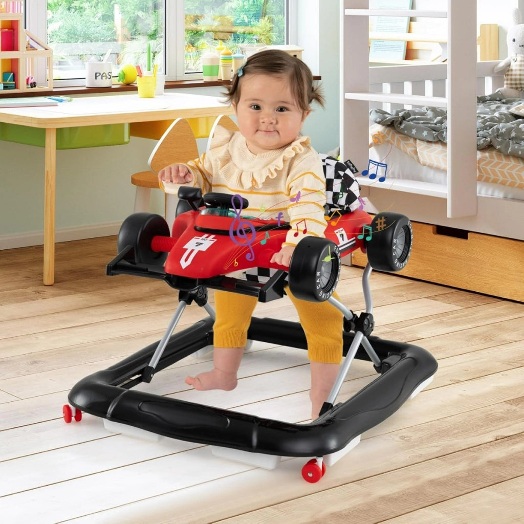 Passeggino 4-in-1 per bambini volante imbottito e scatola musicale, Centro attivit¨¤ con altezza regolabile a 3 livelli, Rosso-Passeggini per bimbi