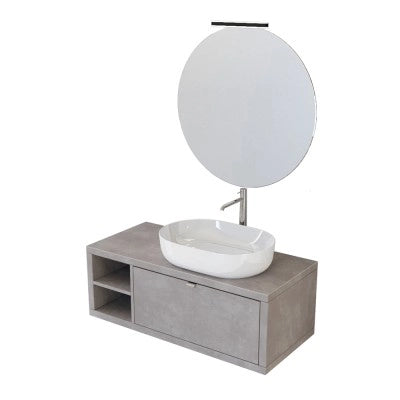 Mobile bagno sospeso 110 cm grigio cemento con cassetto e vano a giorno completo di lavabo e specchio Master