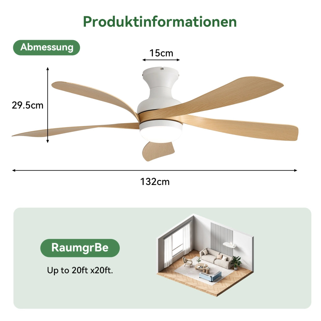 Ventilatore da soffitto bianco con LED dimmerabile, motore DC silenzioso e telecomando