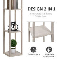 Lampada a Terra 40W con 3 Mensole Integrate e Interruttore a Pedale, Lampada Moderna in MDF e Acrilico, 26x26x160 cm, Rovere