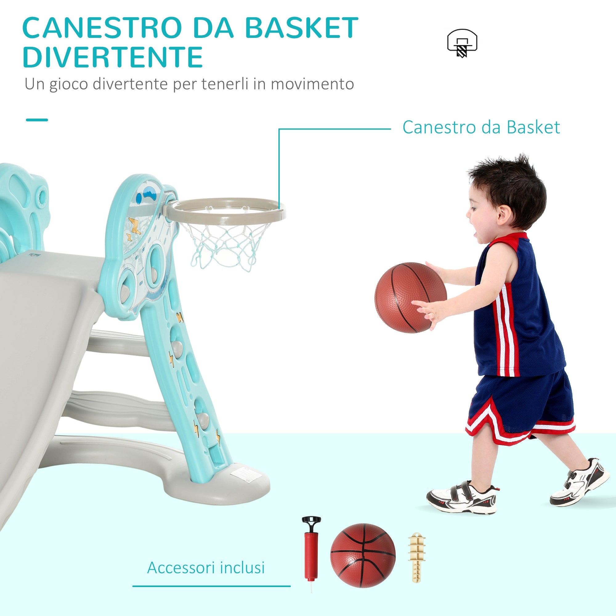 Scivolo per Bambini Pieghevole con Canestro Basket 140x87x75 cm Blu e Grigio