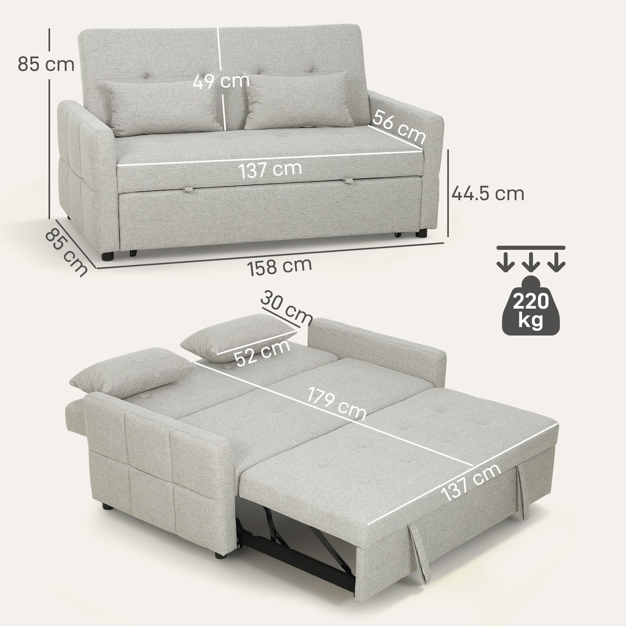 Divano Letto 2 Posti Convertibile Apertura Clic Clac con 2 Cuscini in Tessuto Marrone Chiaro