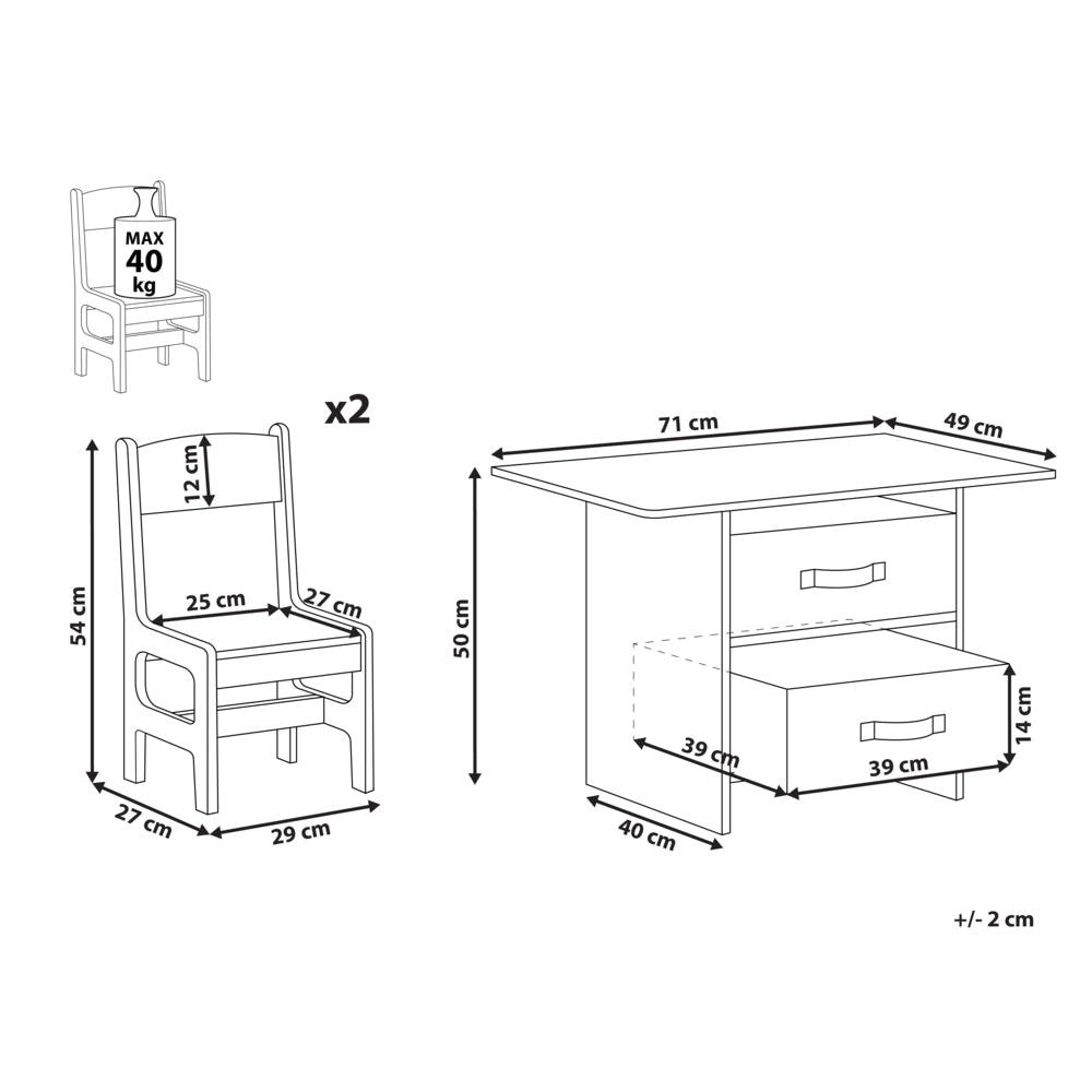 Set per bambini a 2 posti Tavolo con sedie MDF bianco e grigio Due scatole in tessuto non tessuto Cameretta per bambini alla moda