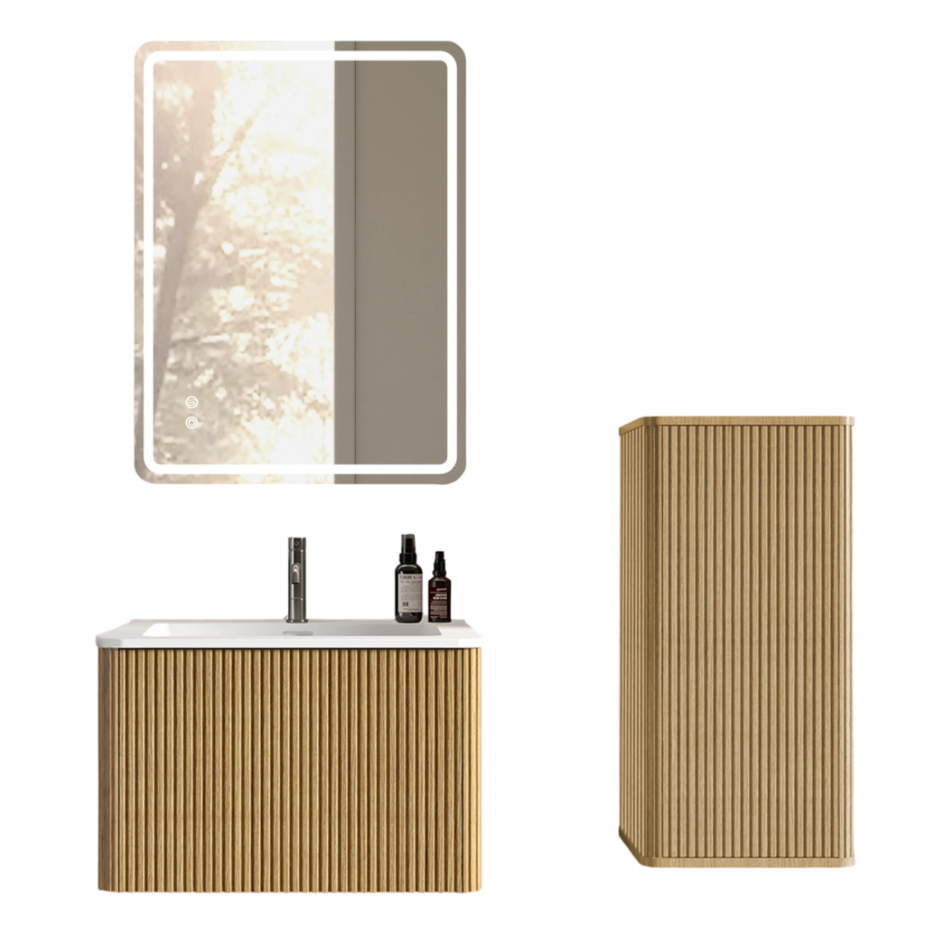 Set mobili bagno sospeso rovere con lavabo; specchio LED e colonna