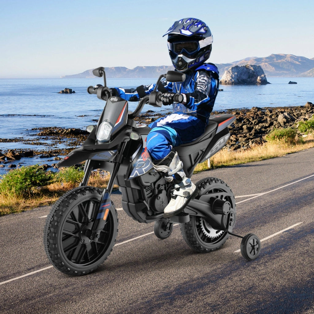 Moto cavalcabile per bambini con licenza aprilia e 2 ruote aggiuntive, Moto elettrica 12V con musica Blu-Moto elettriche