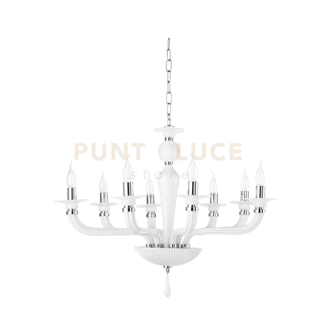 LAMPADARIO VILLA VETRO E METALLO 8 LUCI BIANCO E CROMO ATTACCO E14 D.82CM