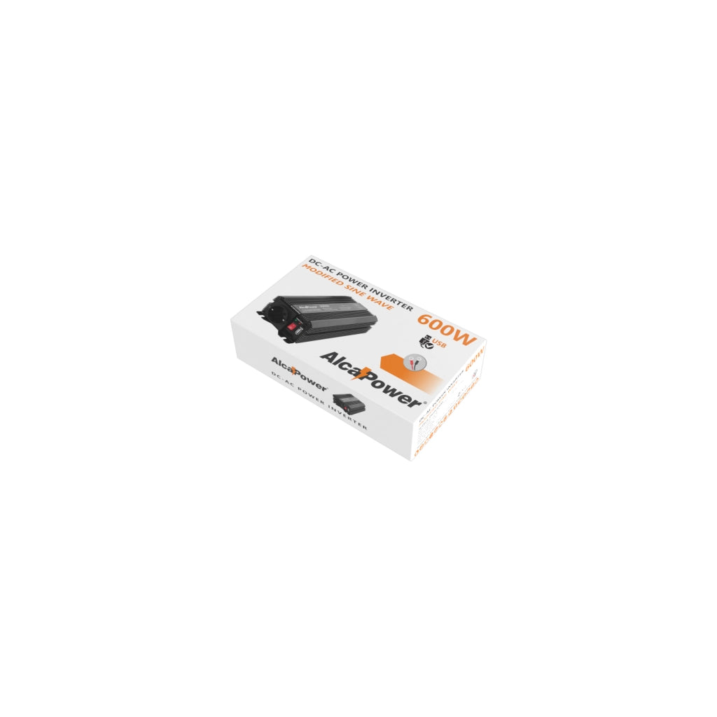 Alcapower Inverter Soft Start 600W DC 12V a AC 230V con uscita USB 5V 500mA, protezione da cortocircuito, sovratensione e surriscaldamento compatto