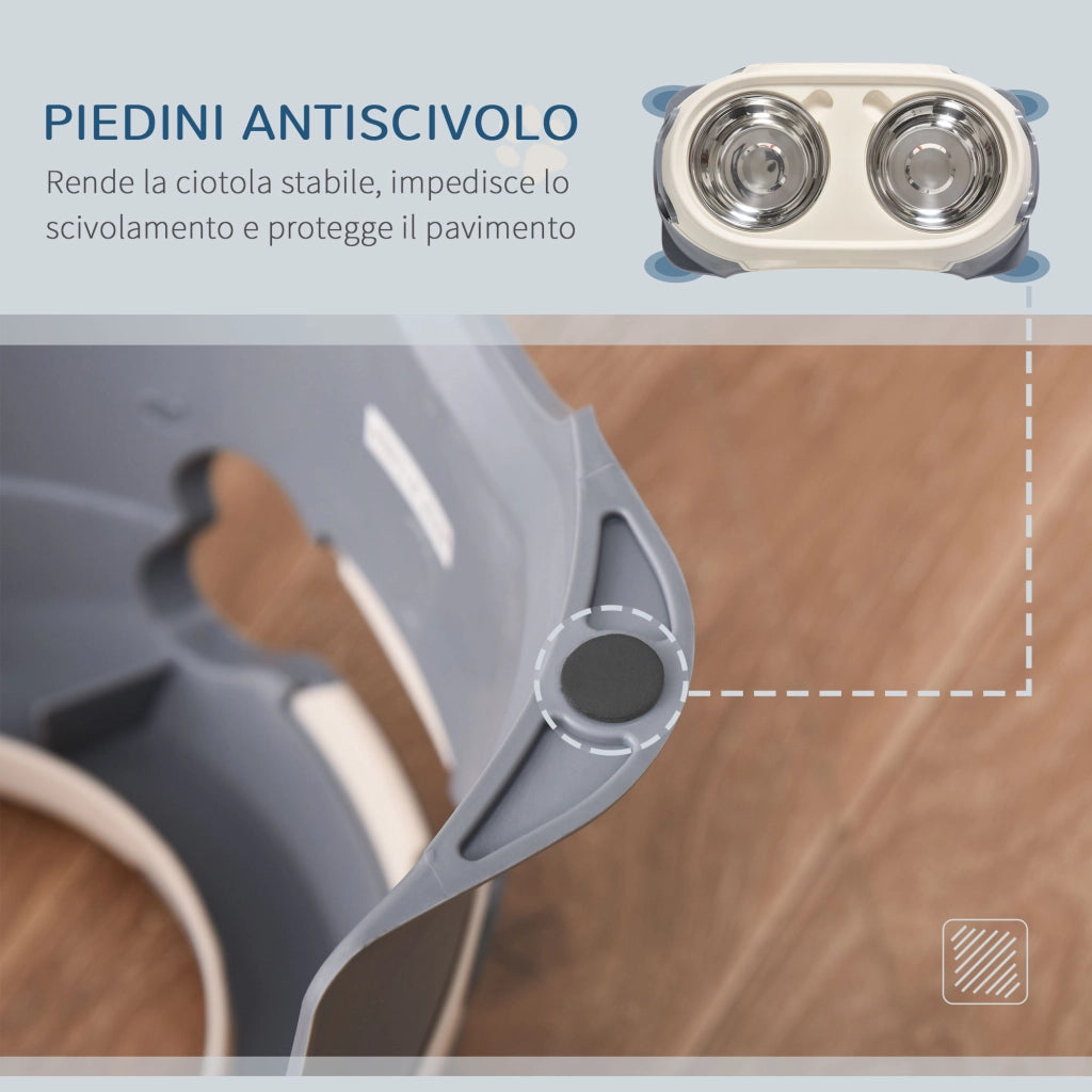 Ciotola per Cani Doppia Rialzata ¨C zephmum ¨C Acciaio Inox e Plastica Bianco Grigio 47x25x20cm