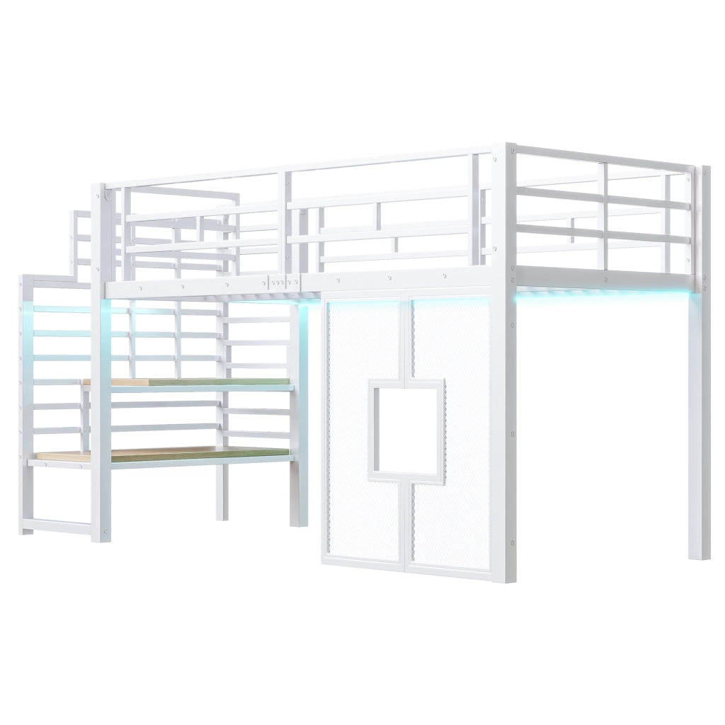Letto a soppalco 90x200 in metallo con scale contenitore e luci LED bianco