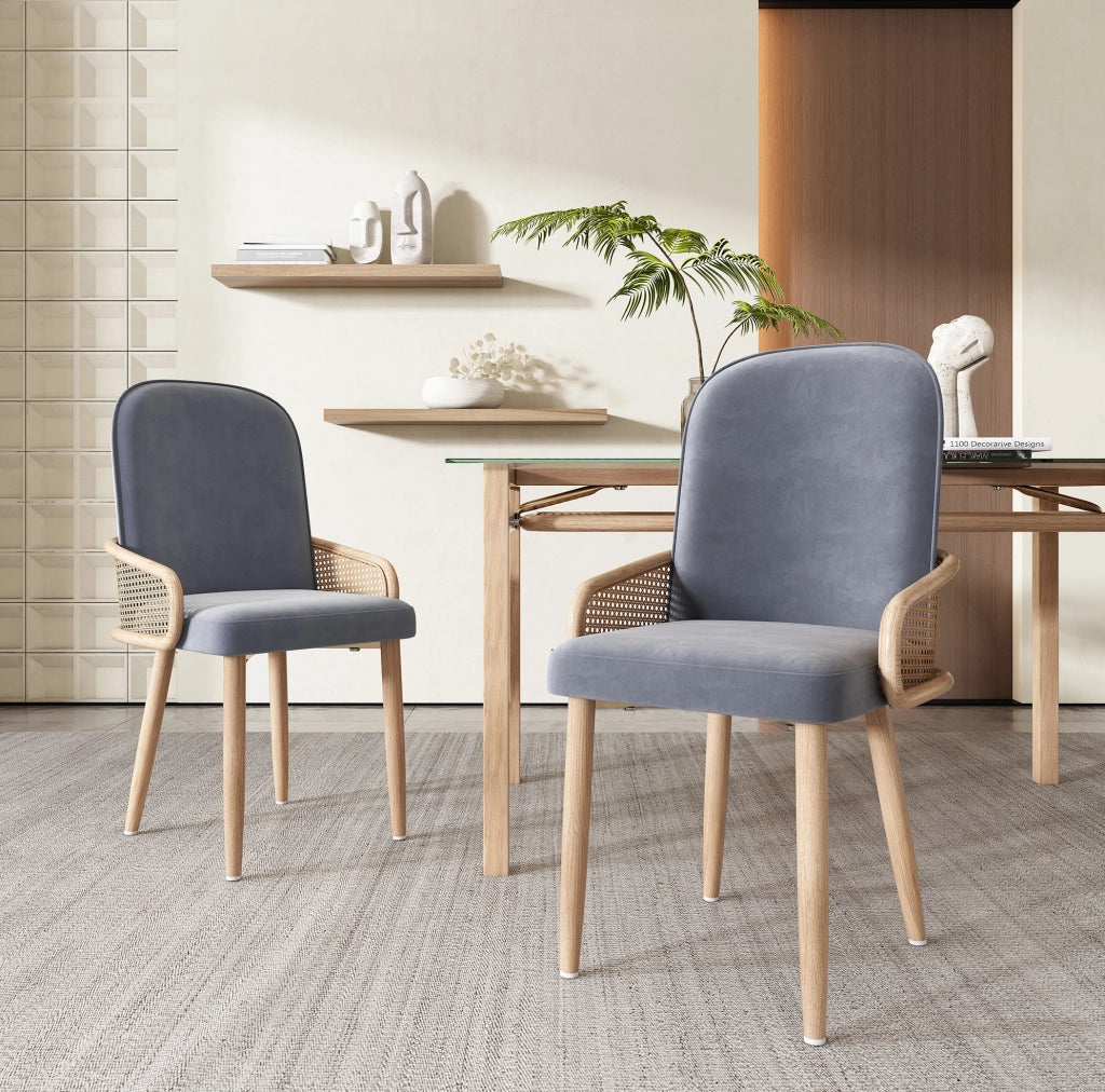 Set 6 sedie da pranzo grigie in velluto, design in rattan e gambe metalliche