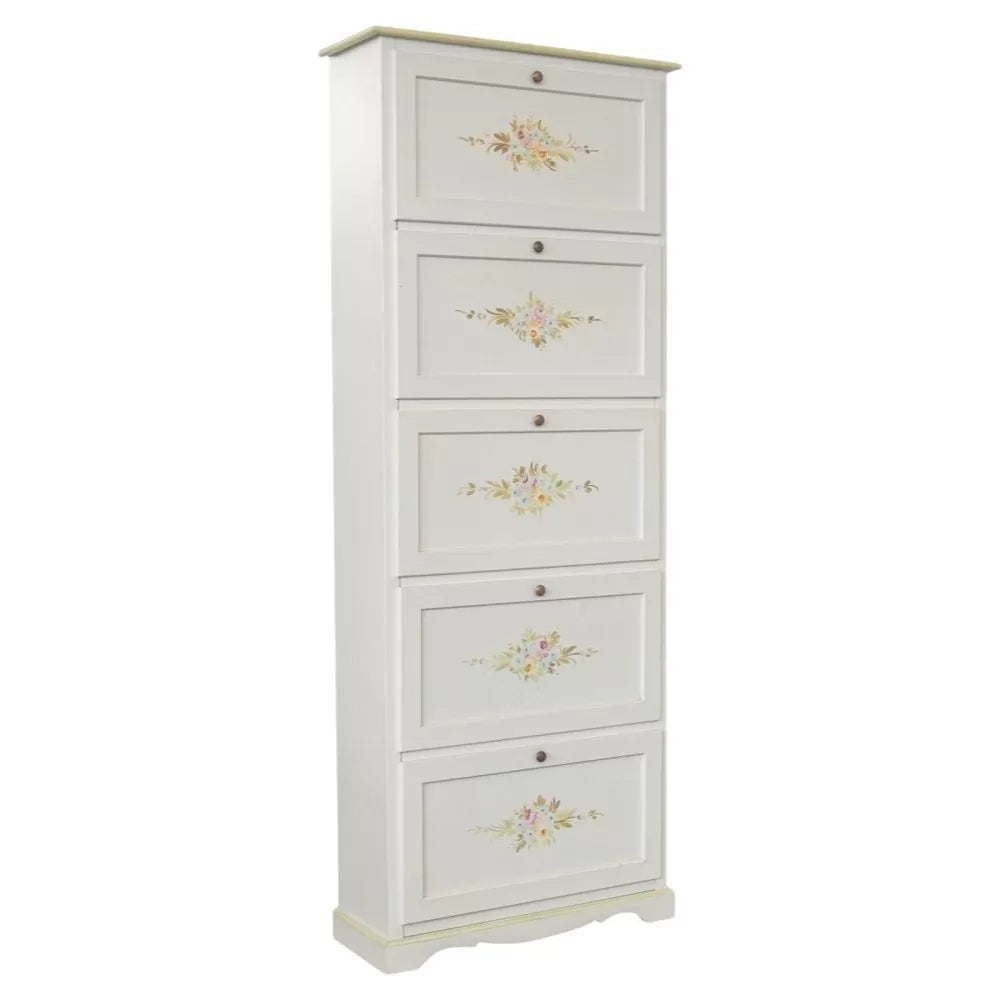 Scarpiera 5 ante shabby bianco decorato filo verde 79x30x210 - Mobili 2G