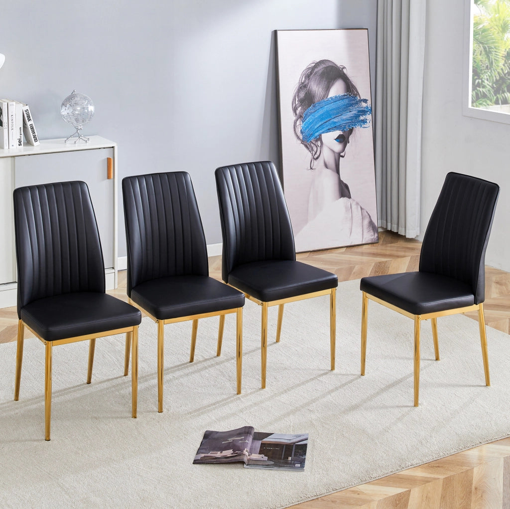 Set 4 sedie da pranzo moderne in PU nero con gambe in metallo dorato; 80 x 50 x 46;5 cm