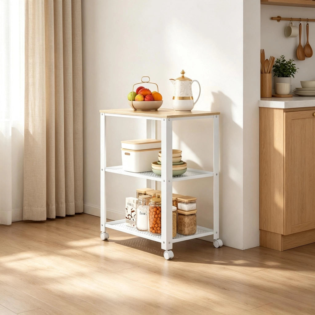 Scaffale con ripiani e ruote per cucina, metallo e legno, bianco e rovere chiaro 60×40×76 cm