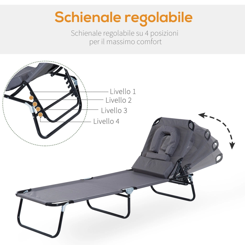 Easycomfort Sedia Sdraio da Esterno Pieghevole con Foro per il Viso e Cuscini, Lettino Prendisole da Giardino, Spiaggia e Campeggio, Grigio