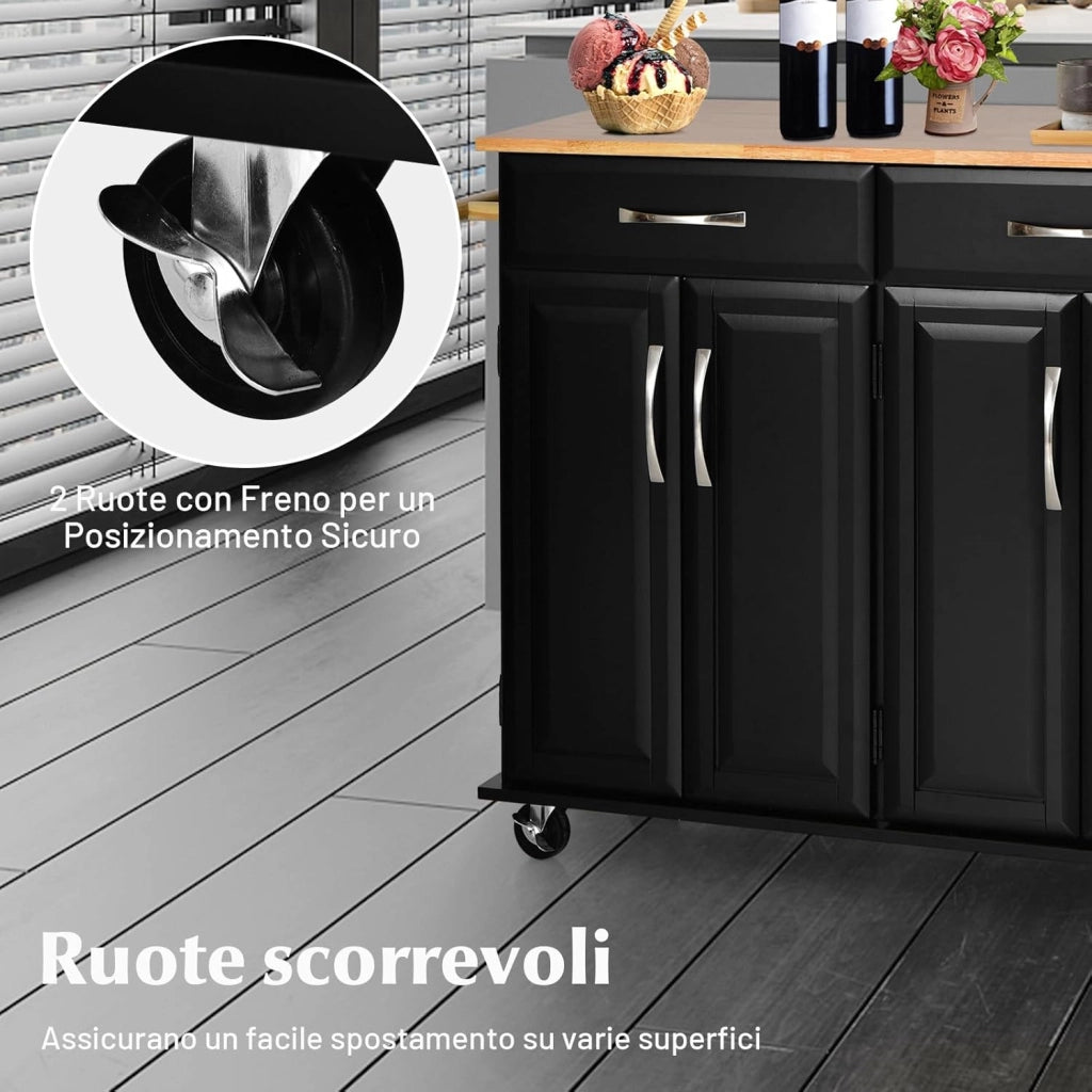 Carrello da Cucina con Cassetti, Isola Cucina con Piano in Legno di Gomma, con 4 Ante Ripiani Regolabili e Porta Asciugamani, per Cucina Bar Ristorante, 122x48x93 cm (Nero)