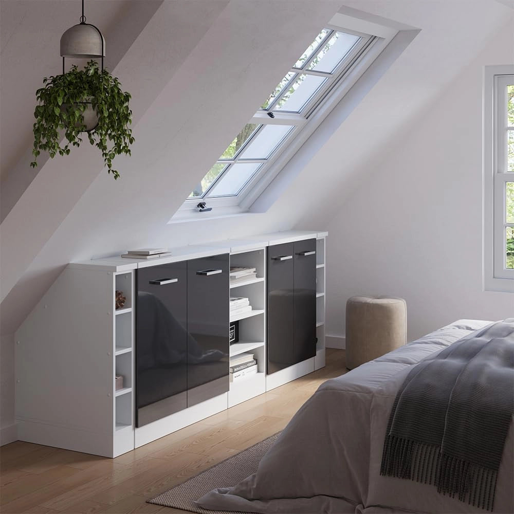 Set di mobili sottotetto Rion, Antracite lucido, 210 cm Set di 5 carcasse armadio profondità 60 cm, adatto per il salvaspazio sotto tetti spioventi