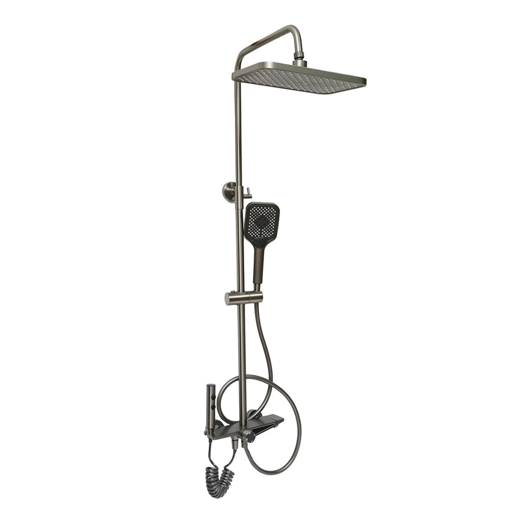 Set doccia multifunzionale con termostato, display digitale della temperatura dell’acqua, 4 funzioni di erogazione dell’acqua, bocca per vasca, soffione rettangolare, doccetta a mano, doccia bidet, colore grigio.