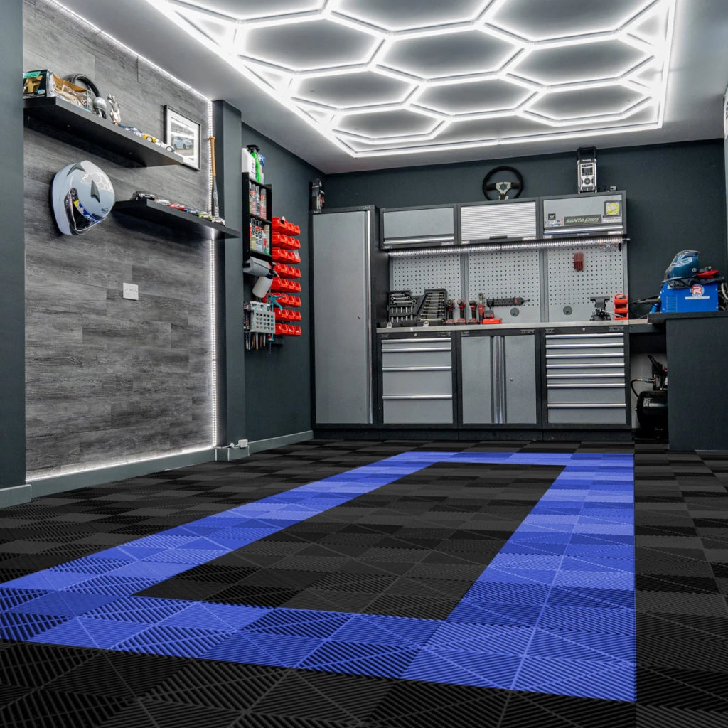 Luci LED Esagonali & Piastrelle Ventilate per Pavimento Garage con Bordi - 90 Nere & 30 Blu