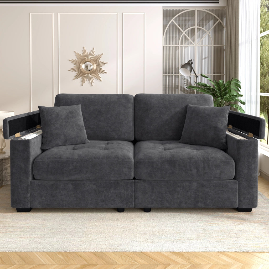 Divano a 2 posti con contenitore nei braccioli e tasche laterali, cuscini inclusi, in chenille grigio scuro