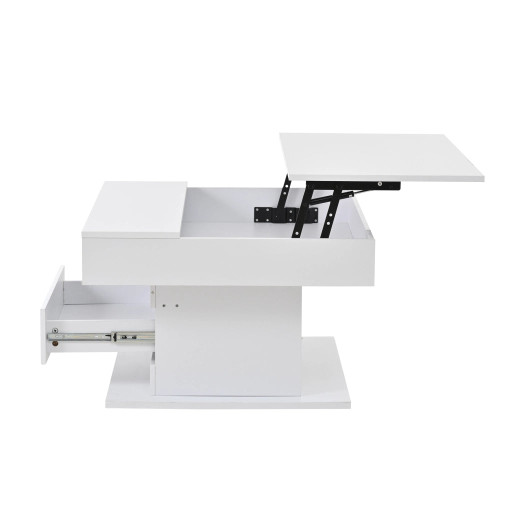 Tavolino da caffè 70x70x45 cm; piano ribaltabile e girevole 360°; pannello truciolare bianco