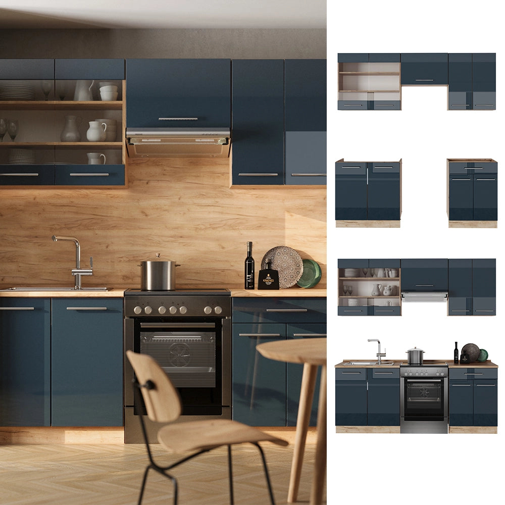Armadi da cucina Fame-Line Blu scuro lucido/Rovere dorato 200 cm, PL Antracite Vicco