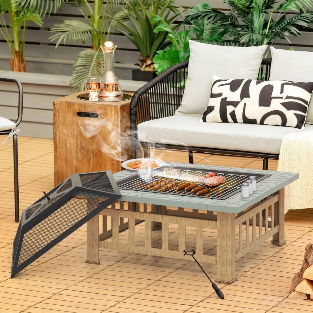 Tavolo braciere da esterno 81 cm per barbecue e picnic, Braciere quadrato di legno 3 in 1 con parascintille Nero e naturale-Bracieri da esterno