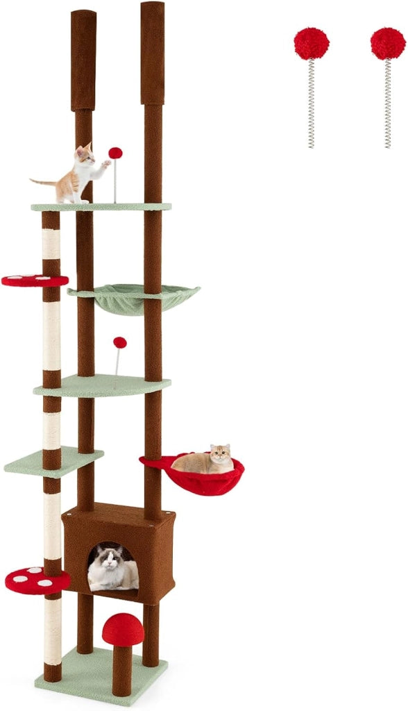 Albero per Gatti da Pavimento a Soffitto, Tiragraffi per Gatti a Forma di Fungo con Altezza Regolabile, Condo, Amaca, Cestino Sospeso Ruotabile, Tiragraffi in Sisal e 2 Palline a Molla