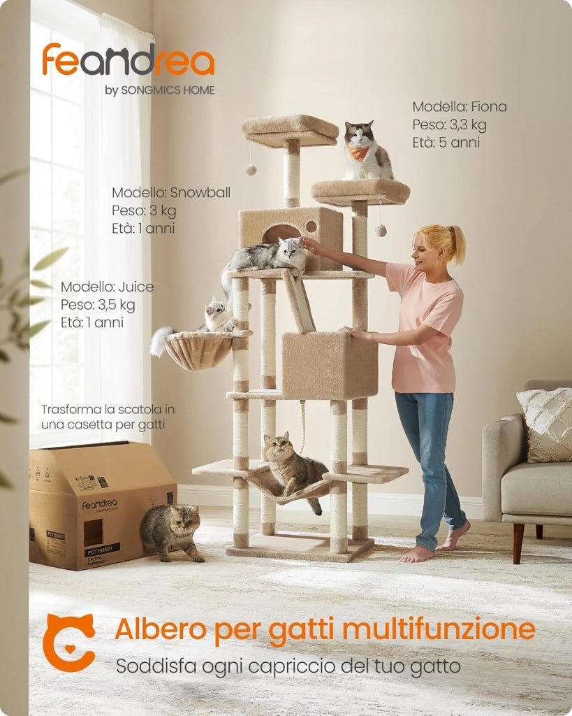Feandrea Albero per Gatti, Alto 206 cm, Tiragraffi per Gatti Adulti, XXL, con 13 Graffiatoi, 2 Posatoi, 2 Grotte, Cesto, Pompon, in Peluche a Più Livelli per Interno, Marrone Cammello PCT190K01