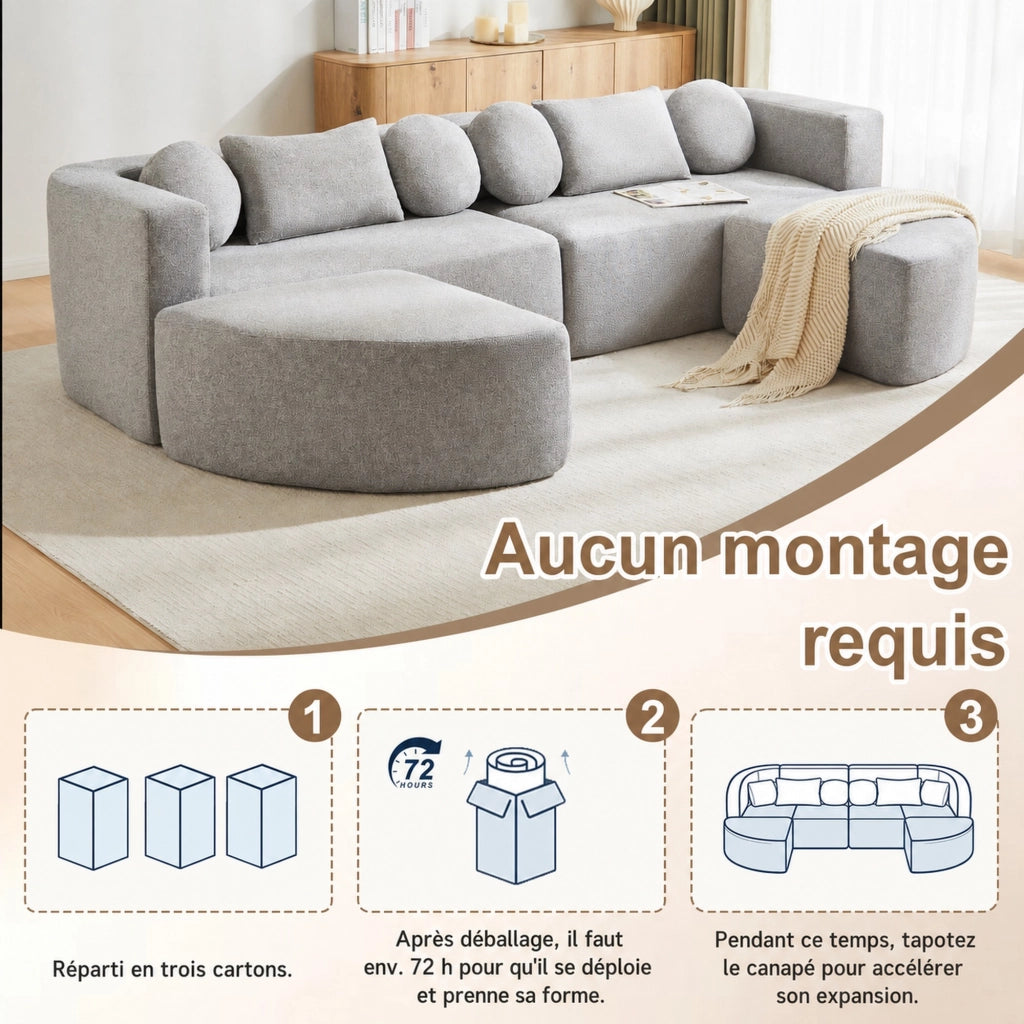 Divano modulare letto in ciniglia con funzione letto e imbottitura soffice senza montaggio grigio 292 × 165 × 68 cm