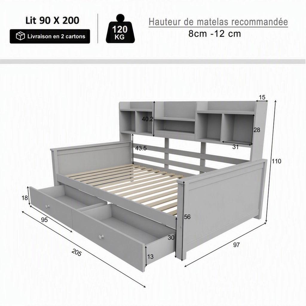 DESMIU Letto bambino 90 × 200 cm con 2 cassetti, ripiani, senza materasso, in legno, grigio